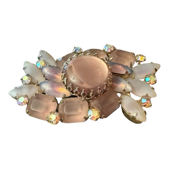 Vintage Jewelry - Large Vintage Pink White Faux Cat Eye AB Rhinestone Brooch